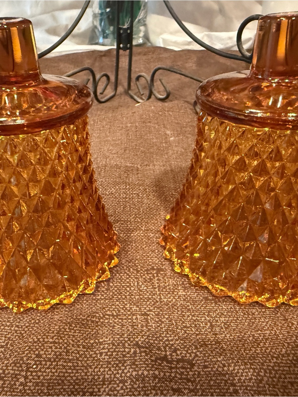 Vintage Amber Diamond Point Pressed Glass Candle Holders Pair Hobnail MCM